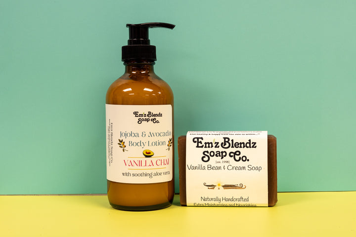 Jojoba & Avocado Body Lotion and Soap Bar Gift Set | Vanilla    Em'z Blendz Soap Co.