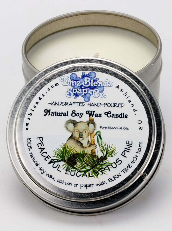 Peaceful Lemon Eucalyptus Pine Soy Wax Candle in Tin | Rejuvenating Aroma Em'z Blendz Soap Co.