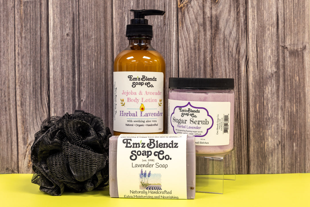 Pure Pampering Set with Bath/Shower Mesh Poof - Lavender    Em'z Blendz Soap Co.