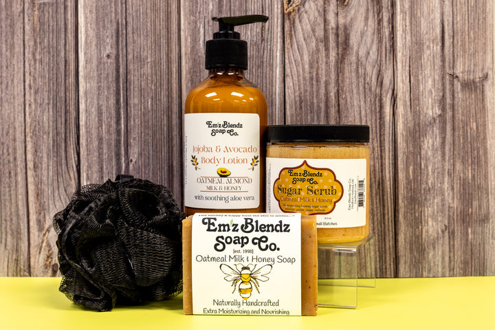 Pure Pampering Set with Bath/Shower Mesh Poof - Oatmeal Milk & Honey    Em'z Blendz Soap Co.