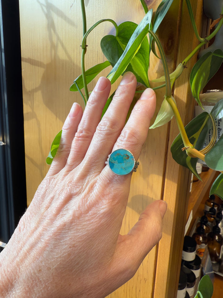 Sterling Silver Mohave Turquoise Coin Ring | Handcrafted Artisan Jewelry Em'z Blendz Soap Co.