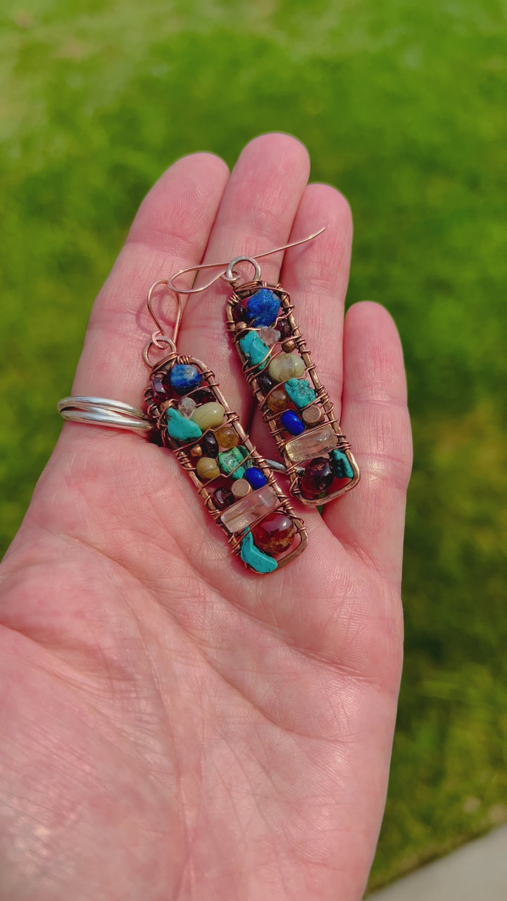 Framed Gemstone Earrings | Hand-hammered Copper with Garnet, Citrine, Lapis & Turquoise Em'z Blendz Soap Co.