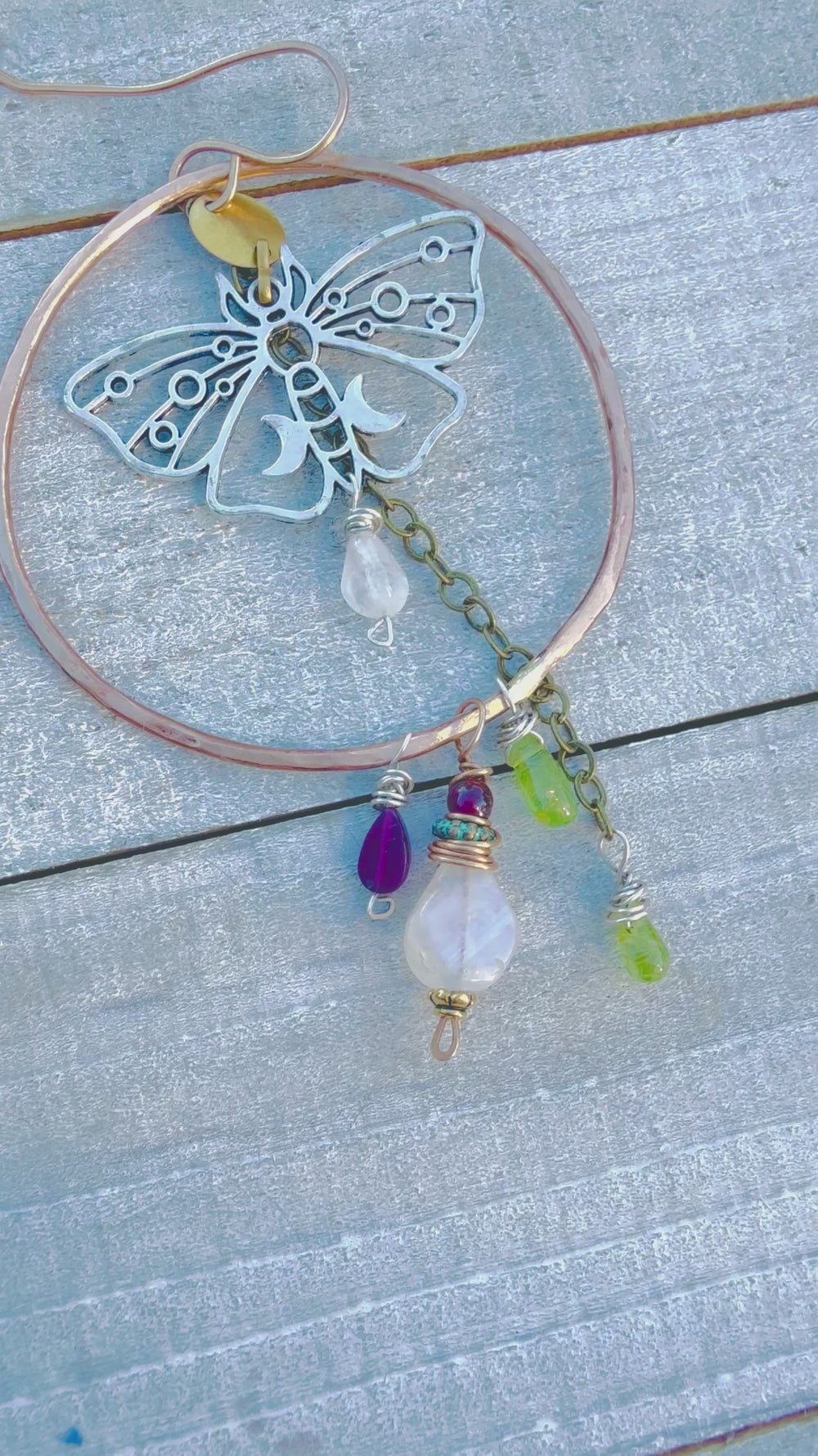 Luna Moth Talisman Earrings | Bronze, Peridot, Rainbow Moonstone & Rhodolite Garnet Em'z Blendz Soap Co.