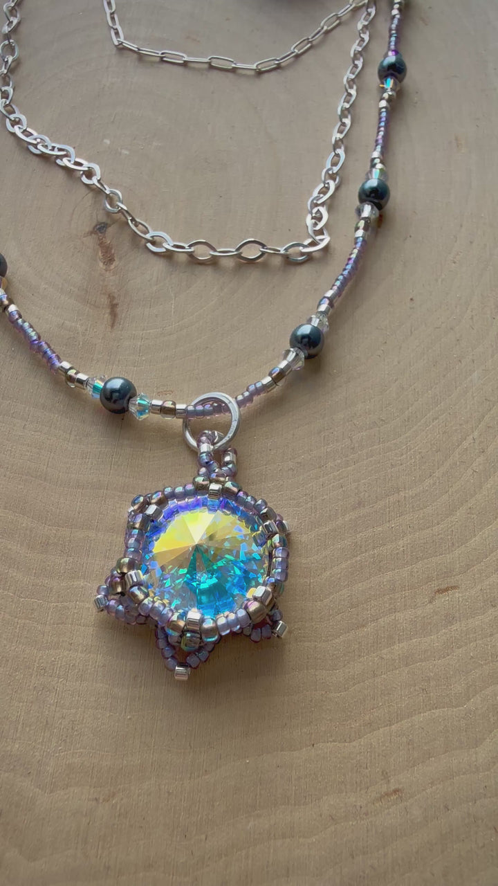 Handwoven Lotus Flower Layered Necklace | Color-Shifting Crystal & Silver Em'z Blendz Soap Co.