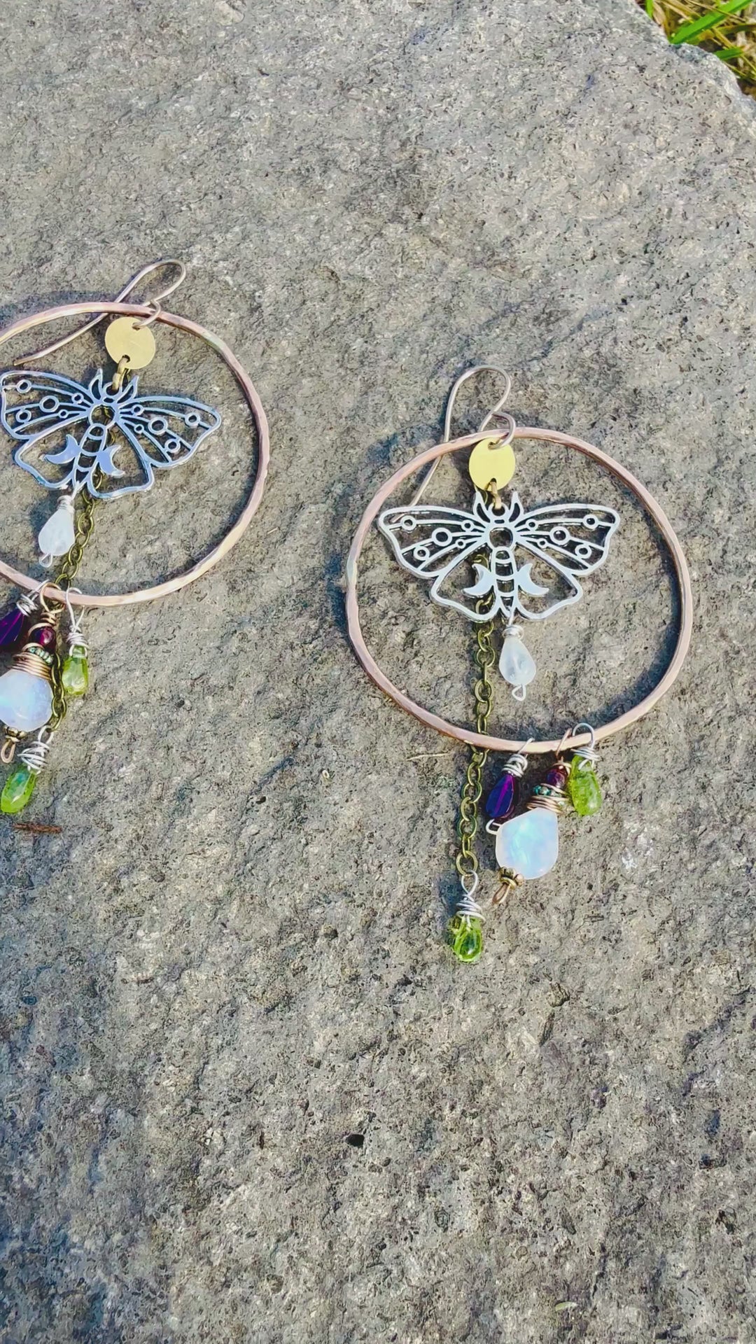 Luna Moth Talisman Earrings | Bronze, Peridot, Rainbow Moonstone & Rhodolite Garnet Em'z Blendz Soap Co.
