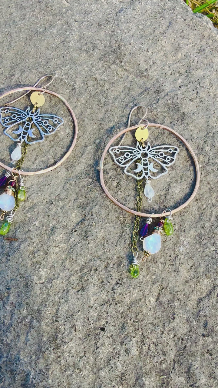 Luna Moth Talisman Earrings | Bronze, Peridot, Rainbow Moonstone & Rhodolite Garnet Em'z Blendz Soap Co.