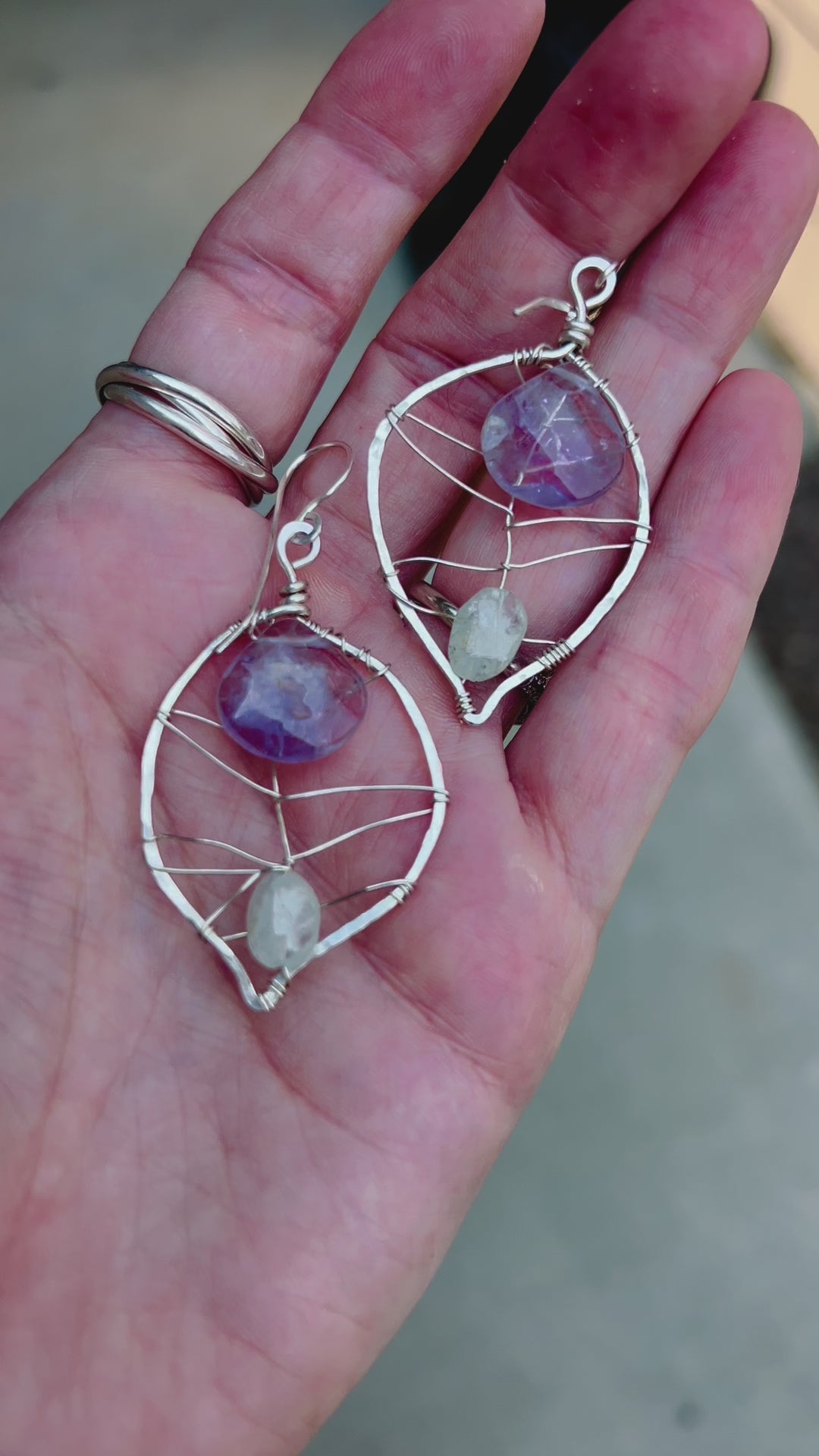 Amethyst & Aquamarine Leaf Earrings | Handcrafted with Fine Silver Em'z Blendz Soap Co.