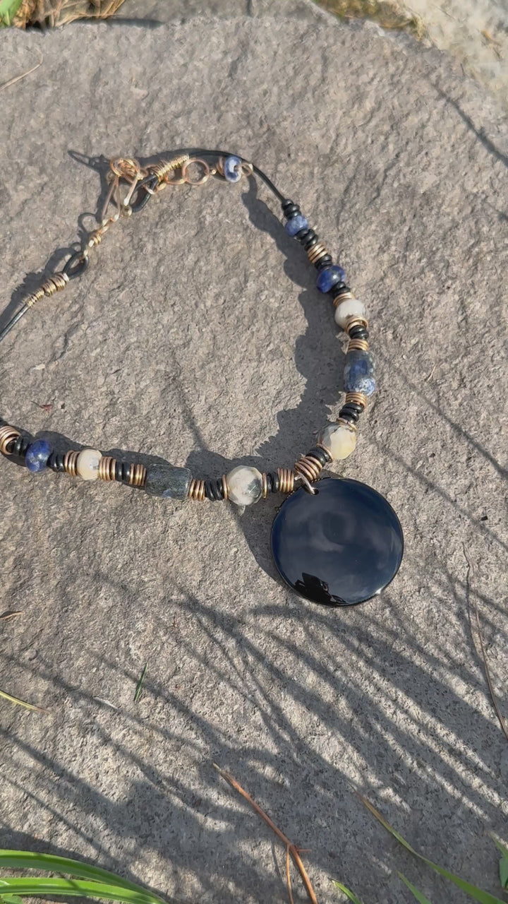 Black Onyx, Sodalite, Crazy Lace Agate Leather Necklace | Handcrafted Jewelry Em'z Blendz Soap Co.