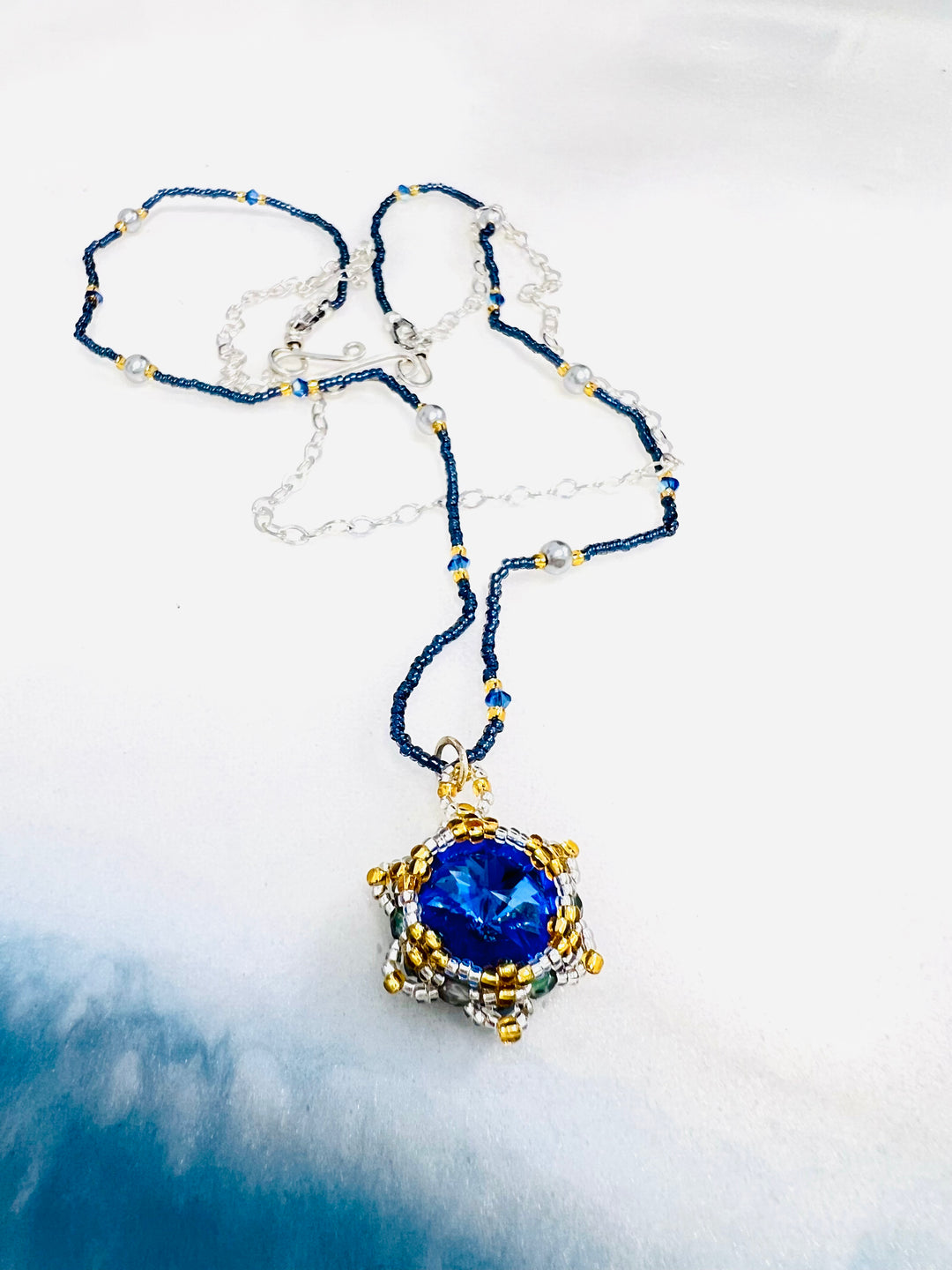 Handwoven Lotus Flower Necklace | Blue Sapphire Crystal & Sterling Silver Em'z Blendz Soap Co.