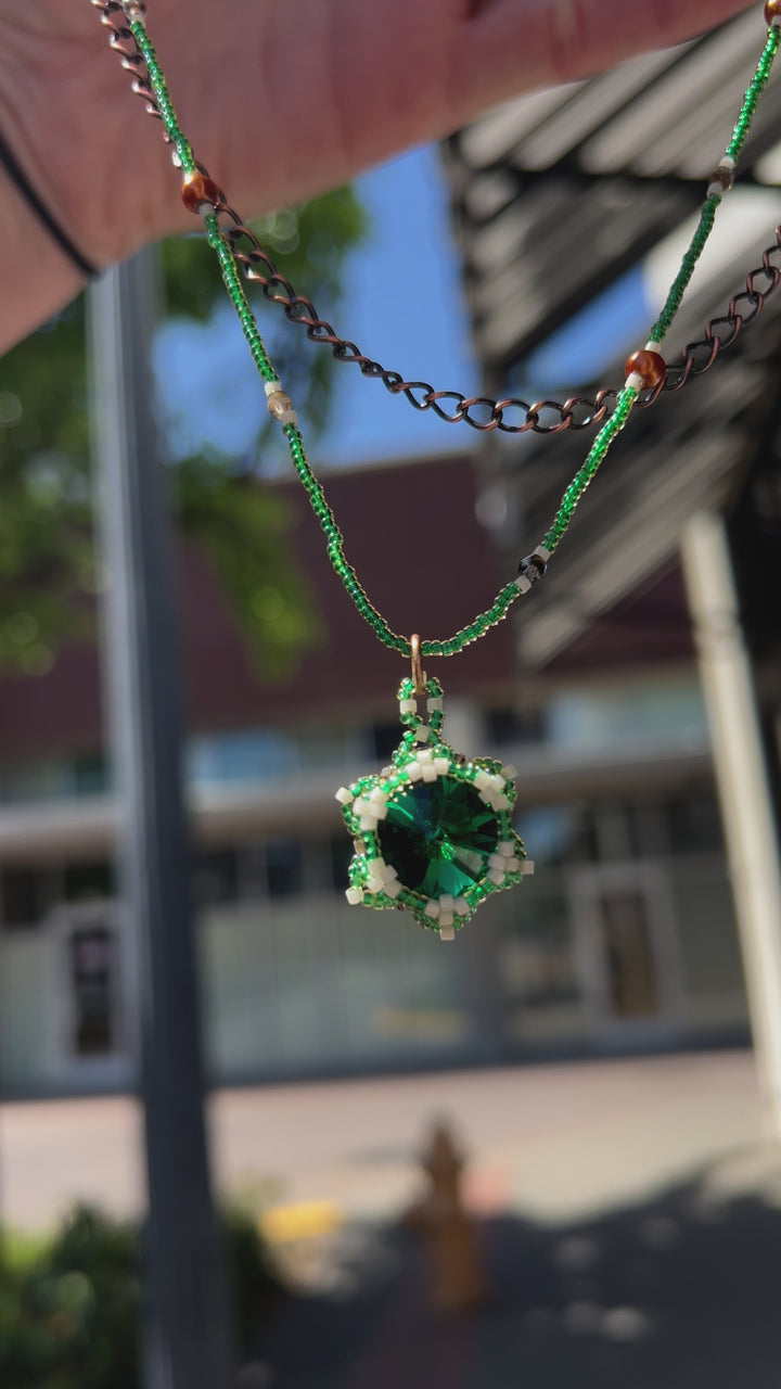 Handwoven Lotus Flower Necklace | Emerald Crystal, Brass & Copper Em'z Blendz Soap Co.