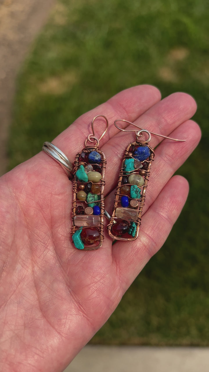 Framed Gemstone Earrings | Hand-hammered Copper with Garnet, Citrine, Lapis & Turquoise Em'z Blendz Soap Co.