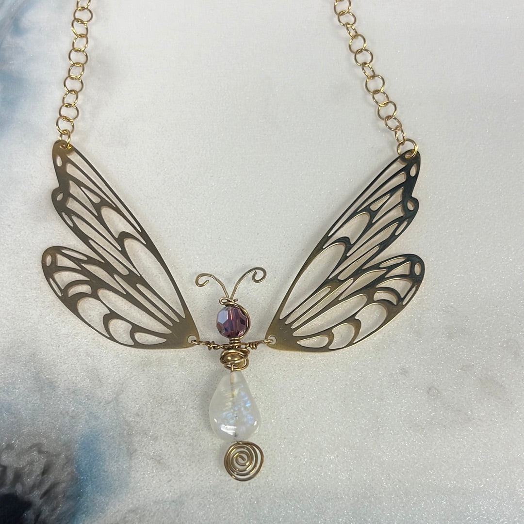 Rainbow Moonstone Butterfly Necklace | Brass & Amethyst Em'z Blendz Soap Co.