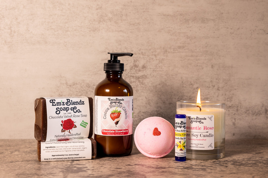 Valentine's Day Gift Set With Chocolate Strawberry Cocoa Butter Cream Two Bars with Lip Balm  Em'z Blendz Soap Co.
