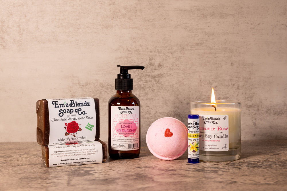 Valentine's Day Gift Set With Love & Friendship Massage OIl Two Bars with Lip Balm  Em'z Blendz Soap Co.
