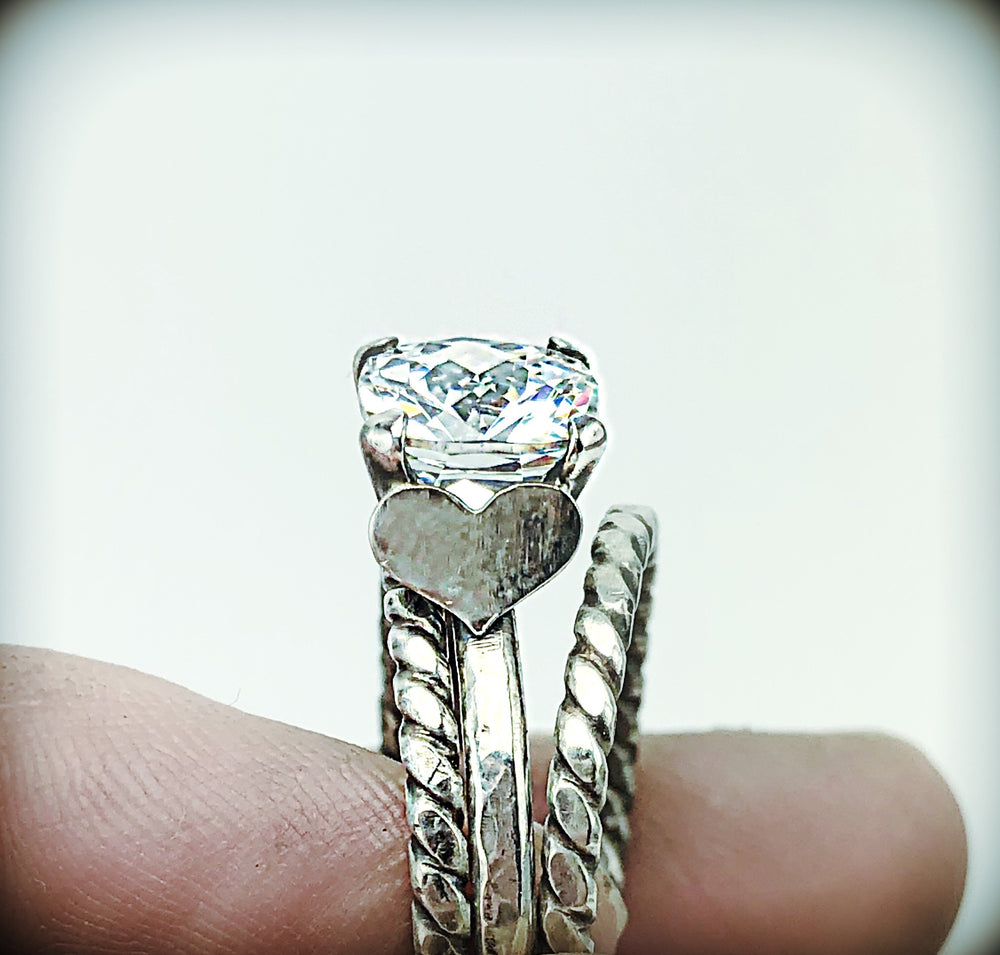 Diamond Simulant Ring Set with Fine Silver Hearts, 2cts | Handcrafted Elegance    Em'z Blendz Soap Co.